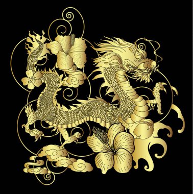 Geleneksel kiraz çiçekli Japon ejderhası ve dövme tasarımları için el çizimi Çin ejderhası gömleğe basmak için. Beyaz izole arkaplanı boyamak için ejderha vektörünün güzel çizgisi.