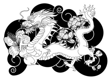 Geleneksel kiraz çiçekli Japon ejderhası ve dövme tasarımları için el çizimi Çin ejderhası gömleğe basmak için. Beyaz izole arkaplanı boyamak için ejderha vektörünün güzel çizgisi.