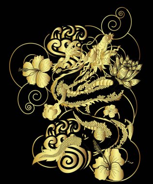 Geleneksel kiraz çiçekli Japon ejderhası ve dövme tasarımları için el çizimi Çin ejderhası gömleğe basmak için. Beyaz izole arkaplanı boyamak için ejderha vektörünün güzel çizgisi.