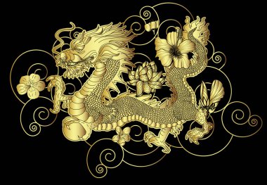 Geleneksel kiraz çiçekli Japon ejderhası ve dövme tasarımları için el çizimi Çin ejderhası gömleğe basmak için. Beyaz izole arkaplanı boyamak için ejderha vektörünün güzel çizgisi.