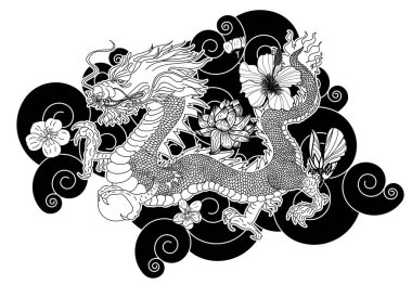 Geleneksel kiraz çiçekli Japon ejderhası ve dövme tasarımları için el çizimi Çin ejderhası gömleğe basmak için. Beyaz izole arkaplanı boyamak için ejderha vektörünün güzel çizgisi.