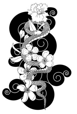 Japon dövmeli güzel yılan vektörü. Siyah zemin üzerinde kırmızı Yılan vektörü çizimi..