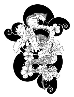 Japon dövmeli güzel yılan vektörü. Siyah zemin üzerinde kırmızı Yılan vektörü çizimi..