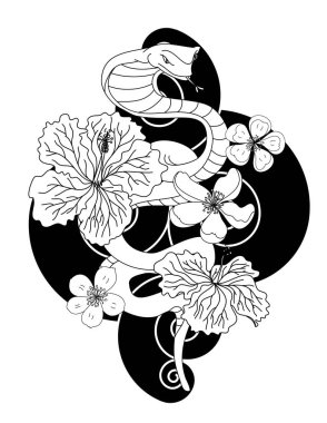 Japon dövmeli güzel yılan vektörü. Siyah zemin üzerinde kırmızı Yılan vektörü çizimi..