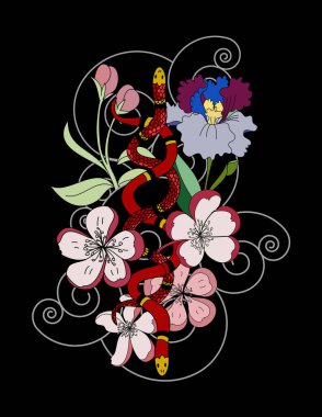 Japon dövmeli güzel yılan vektörü. Siyah zemin üzerinde kırmızı Yılan vektörü çizimi..