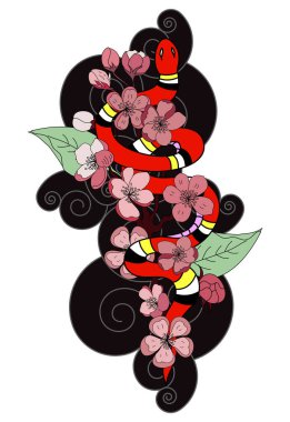 Japon dövmeli güzel yılan vektörü. Siyah zemin üzerinde kırmızı Yılan vektörü çizimi..