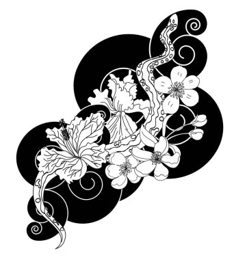 Japon dövmeli güzel yılan vektörü. Siyah zemin üzerinde kırmızı Yılan vektörü çizimi..