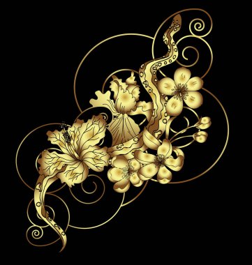 Japon dövmeli güzel yılan vektörü. Siyah zemin üzerinde kırmızı Yılan vektörü çizimi..