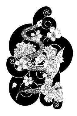 Japon dövmeli güzel yılan vektörü. Siyah zemin üzerinde kırmızı Yılan vektörü çizimi..