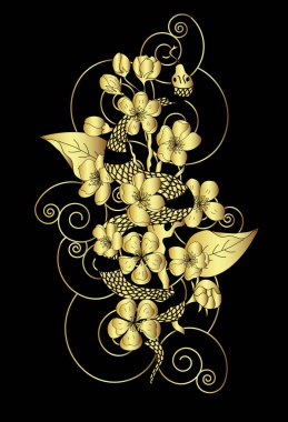 Japon dövmeli güzel yılan vektörü. Siyah zemin üzerinde kırmızı Yılan vektörü çizimi..