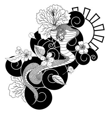 Japon dövmeli güzel yılan vektörü. Siyah zemin üzerinde kırmızı Yılan vektörü çizimi..