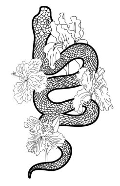 red snake vector and Cherry flower spring season vector illustration background.Poster design Red snake Reptile and Sakura flower for printing and tattoo.