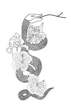 red snake vector and Cherry flower spring season vector illustration background.Poster design Red snake Reptile and Sakura flower for printing and tattoo.