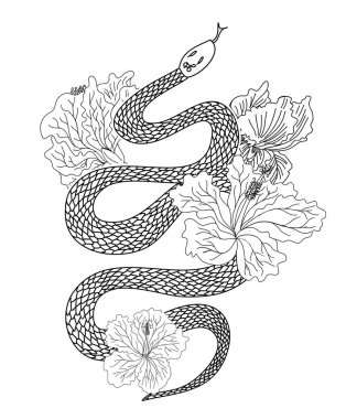 red snake vector and Cherry flower spring season vector illustration background.Poster design Red snake Reptile and Sakura flower for printing and tattoo.