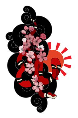 red snake vector and Cherry flower spring season vector illustration background.Poster design Red snake Reptile and Sakura flower for printing and tattoo.