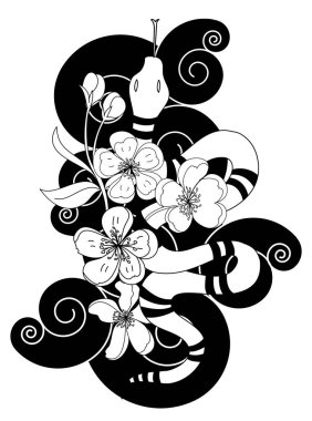 red snake vector and Cherry flower spring season vector illustration background.Poster design Red snake Reptile and Sakura flower for printing and tattoo.