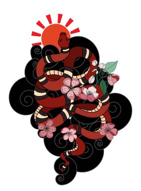 red snake vector and Cherry flower spring season vector illustration background.Poster design Red snake Reptile and Sakura flower for printing and tattoo.