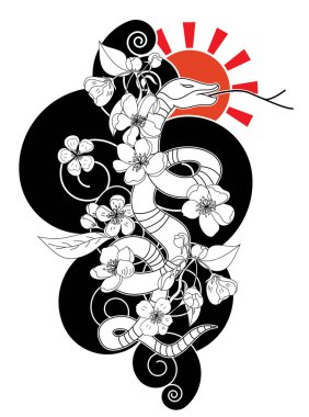 red snake vector and Cherry flower spring season vector illustration background.Poster design Red snake Reptile and Sakura flower for printing and tattoo.