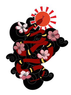 red snake vector and Cherry flower spring season vector illustration background.Poster design Red snake Reptile and Sakura flower for printing and tattoo.