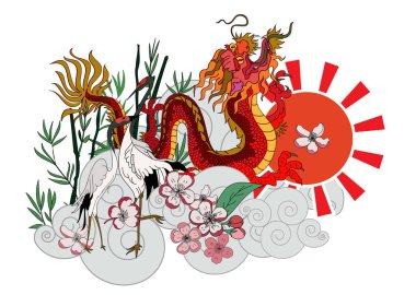 Japanese Dragon and Heron bird with Sakura flower on cloud background.Chinese dragon tattoo design.