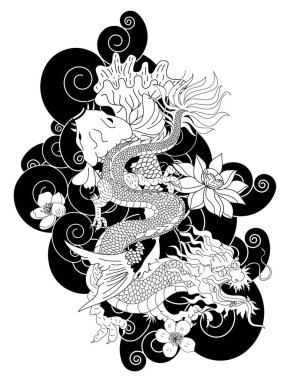 Japanese Dragon tattoo with cherry flower and peach flower tattoo.illustration of asia dragon for printing. Dragon tattoo.