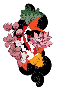 colorful Chinese koi carp tattoo design.Japanese carp with cherry blossom and lotus flower on cloud background.