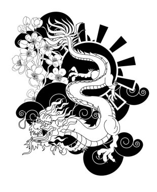 Japanese Dragon tattoo with cherry flower and peach flower tattoo.illustration of asia dragon for printing. Dragon tattoo.