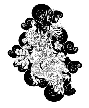 Peacock and Chinese dragon with cherry blossom and bamboo on clound background.colorful Chinese peacock and dragon tattoo design.coloring book tattoo design.