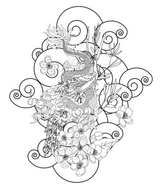 Peacock and Chinese dragon with cherry blossom and bamboo on clound background.colorful Chinese peacock and dragon tattoo design.coloring book tattoo design.