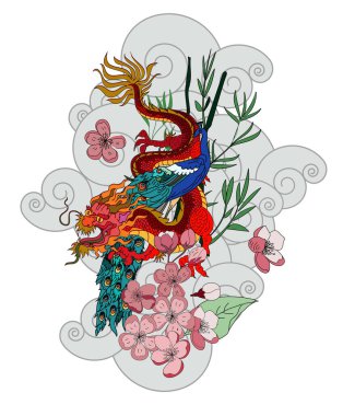 Peacock and Chinese dragon with cherry blossom and bamboo on clound background.colorful Chinese peacock and dragon tattoo design.coloring book tattoo design.