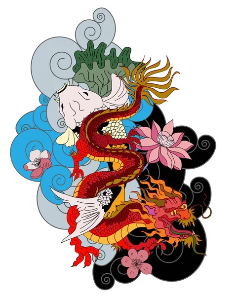 Japanese Dragon tattoo with cherry flower and peach flower tattoo.illustration of asia dragon for printing. Dragon tattoo.