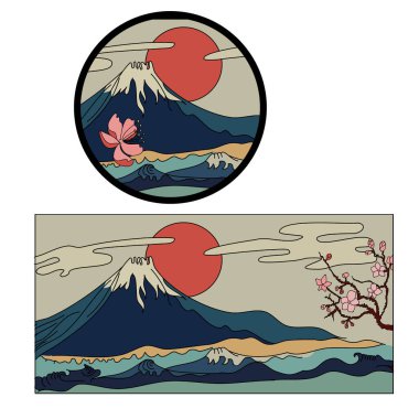 Fuji mountain vector and sakura flower.Japanese mountain wallpaper with cherry flower and red sun.Japanese wave with Fuji Mountain coloring book.