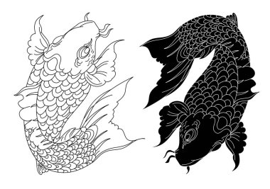koi carp vector isolate for tattoo.Japanese carp drawing.Hand drawn line art of fish (Koi carp). Vector isolated. Idea for tattoo and coloring books.