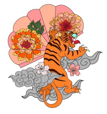 Geleneksel Japon kaplan dövmesi. Tiger Sticker dövme tasarımı, siyah arka plan karikatür kaplan. Vektör