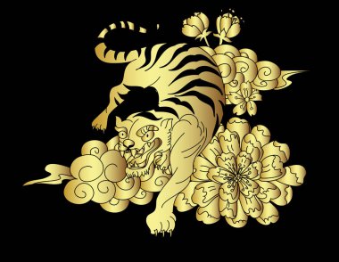 Geleneksel Japon kaplan dövmesi. Tiger Sticker dövme tasarımı, siyah arka plan karikatür kaplan. Vektör