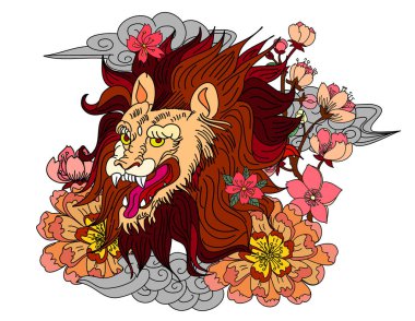 Japanese Dragon and fan tattoo design for wallpaper and background.Chinese dragon with peach blossom and cherry flower on cloud.