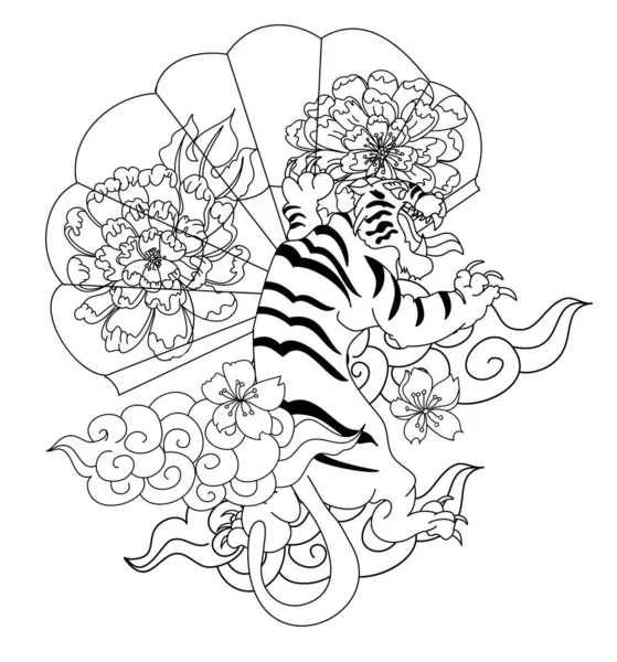 Tato Harimau Tradisional Jepang Desain Tato Stiker Macan Harimau Kartun - Stok Vektor