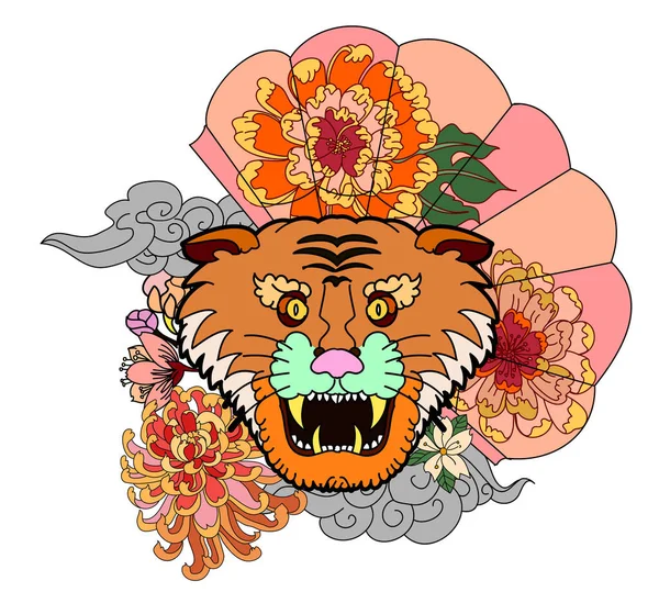 Traditional Japanese Tiger Tattoo Tiger Sticker Tattoo Design Cartoon Tiger — Stock Vector