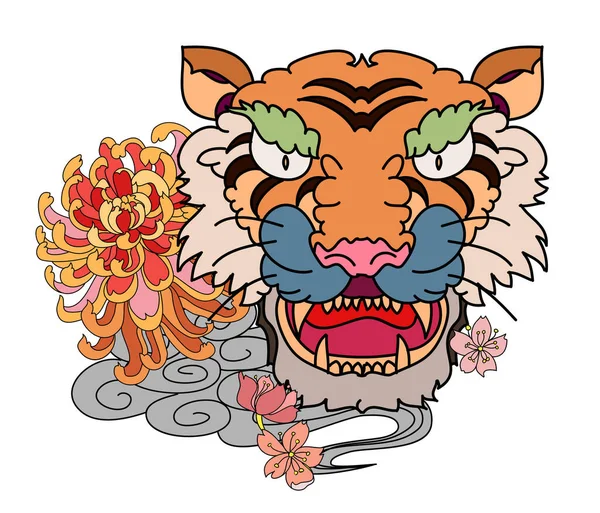 Traditional Japanese Tiger Tattoo Tiger Sticker Tattoo Design Cartoon Tiger — Stock Vector