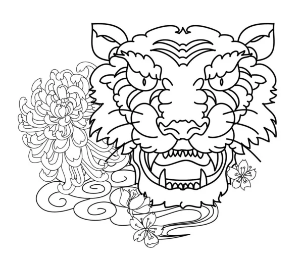 传统的日本虎纹身 老虎贴纸纹身设计 卡通老虎在黑色背景 — 图库矢量图片