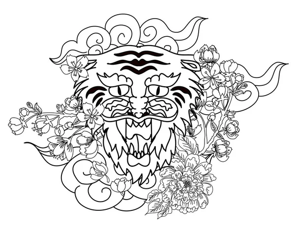传统的日本虎纹身 老虎贴纸纹身设计 卡通老虎在黑色背景 — 图库矢量图片