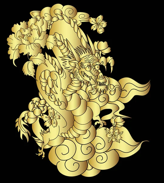 Japoński Smok Projektowanie Tatuażu Wentylator Tapety Tła Chiński Smok Kwiatem — Wektor stockowy