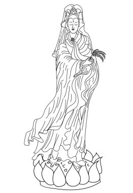 Dövme için Guanyin veya Guan Yin vektörü. Çin tanrısı ve sanatı Guan Yin karakter tasarımı..