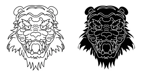 轮廓和涂鸦艺术老虎矢量在白色背景上 画老虎纹身 — 图库矢量图片