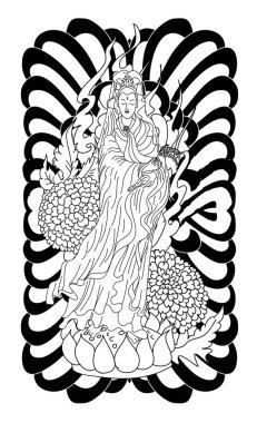 Guan-Yin Çin dövme tanrısı Guanyin kadife çiçekli ve çiçek dövmeli..