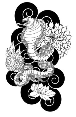 Arka planda sakura vektörü olan yılan. Beyaz arkaplanda Japon dövmesi tasarımı..