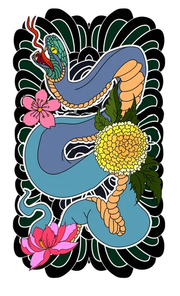 Serpente Com Vetor Sakura Fundo Isolado Design Tatuagem Japonesa Fundo — Vetor de Stock
