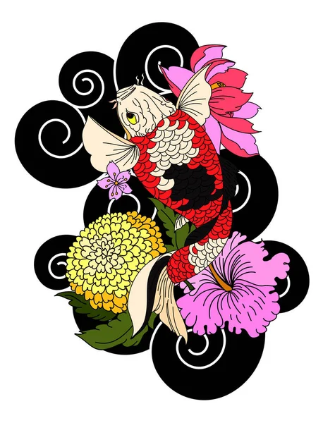 Belle Ligne Art Koi Carpe Tatouage Design Poissons Fleurs Koï — Image vectorielle