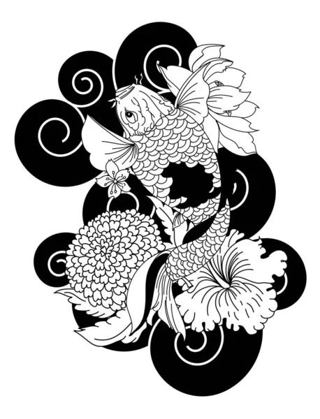美しいラインアートコイカープタトゥーデザイン カラフルなコイ魚と花 タトゥーとカラーブックのアイデア — ストックベクタ