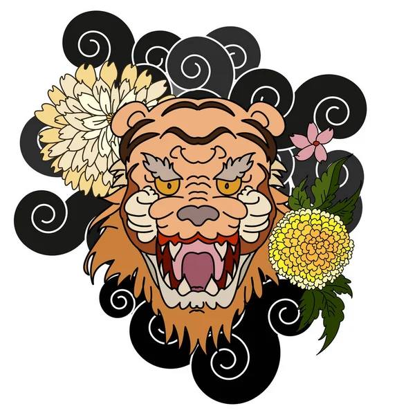 Tiger Gezicht Sticker Vector Tiger Hoofd Traditionele Tattoo Tiger Brullende — Stockvector
